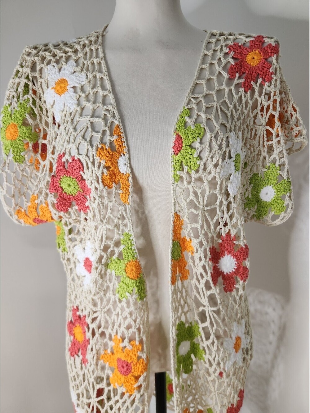 Floral Open Knit Crochet Sunflower Country Cowgirl Cardigan Kimono Cover Up Sz S